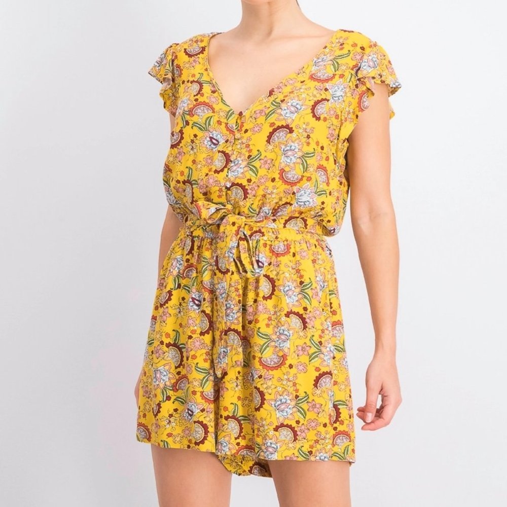 SANCTUARY Short Sleeve V-Neck Romper in Yellow Gold Sunray Size XS - Picture 6 of 12